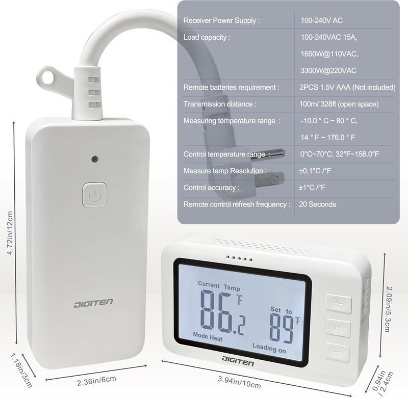 DIGITEN Wireless Thermostat Outlet Temperature Controlled Outlet with Power Cord for Heating and Cooling, Remote Control Plug in Thermostat 1800w for Space Heater, Fan, AC - Image 2